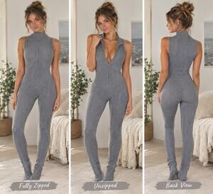 Women's Gray Sleeveless Front Zip Bodycon Jumpsuit Yoga Loungewear Layering